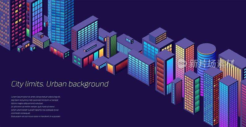 Background with city view with isometric perspective and vibrant neon colors